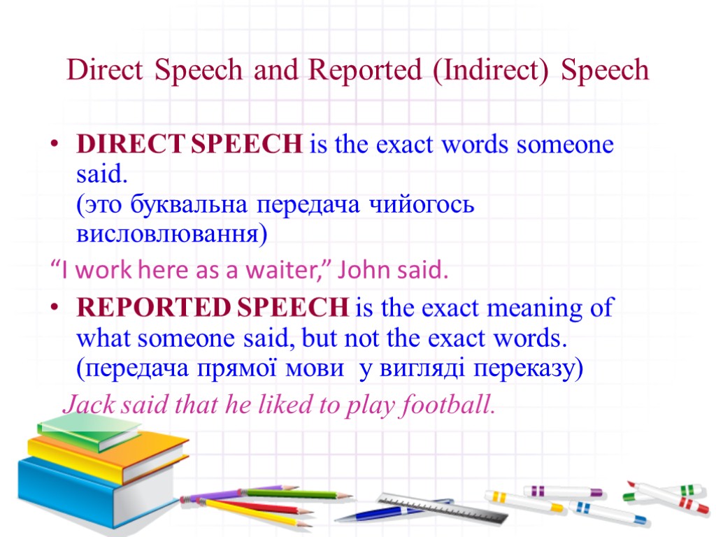 Direct Speech and Reported (Indirect) Speech DIRECT SPEECH is the exact words someone said.